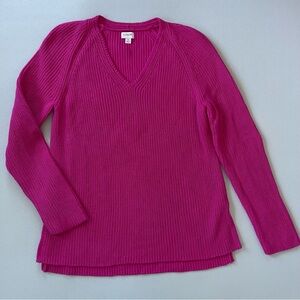 J. Crew V-Neck Ribbed Sweater in Vibrant Pink Sz M